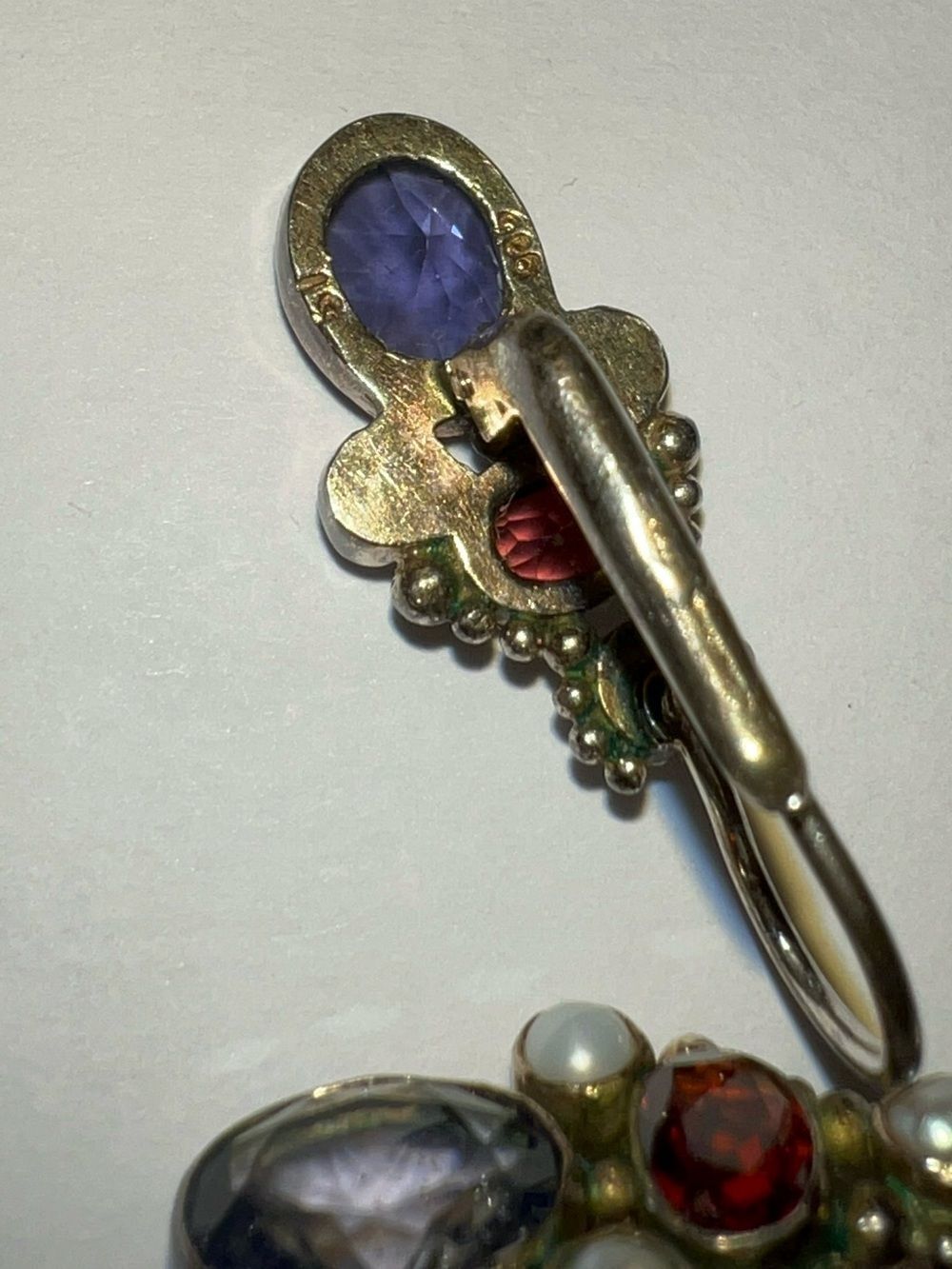 Sterling Silver Drop Earrings with Lavender and Garnet Stones and Pearls - Picture 6 of 8